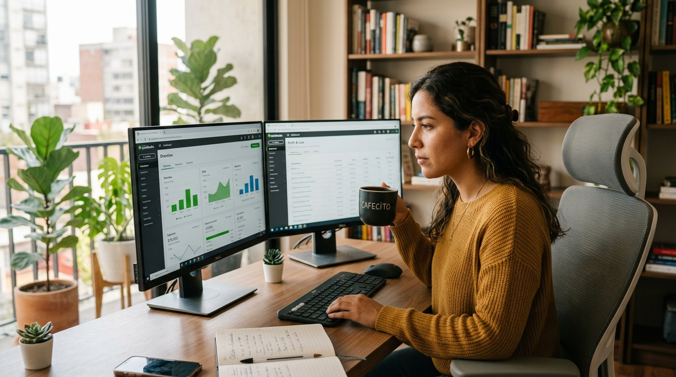 Latin American fractional bookkeeper reviewing startup financial dashboard on dual monitors in a bright home office in 2026