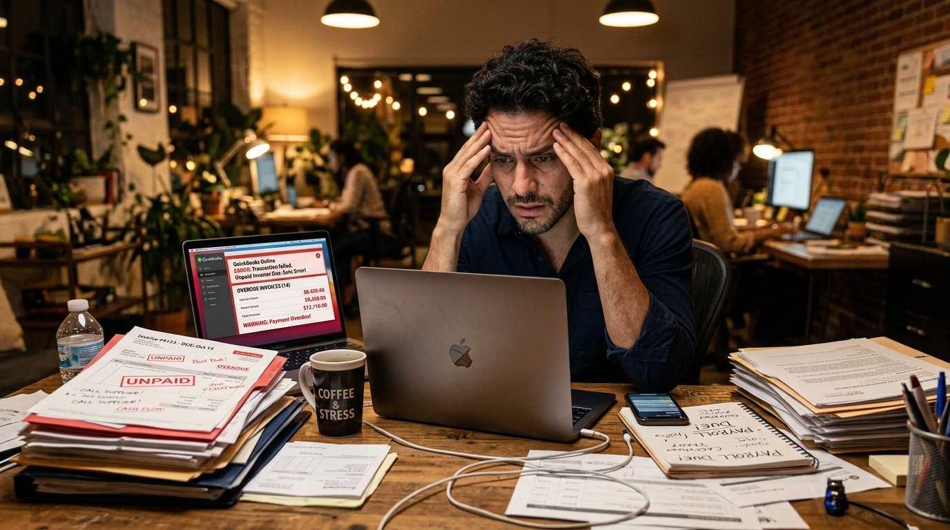 Startup founder overwhelmed by unreconciled QuickBooks invoices — a common trigger for hiring a fractional bookkeeper in 2026