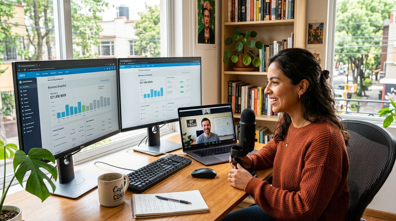 Nearshore fractional bookkeeper in Latin America on a live video call with a US startup founder, reviewing Xero reports together in 2026