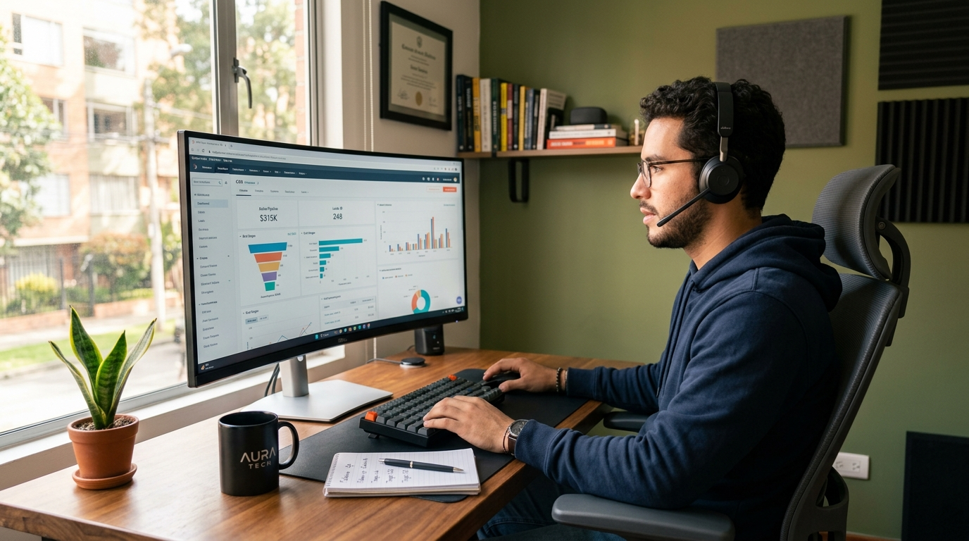 Nearshore outsourced SDR at a Latin American home office reviewing a CRM pipeline on a widescreen monitor during US business hours