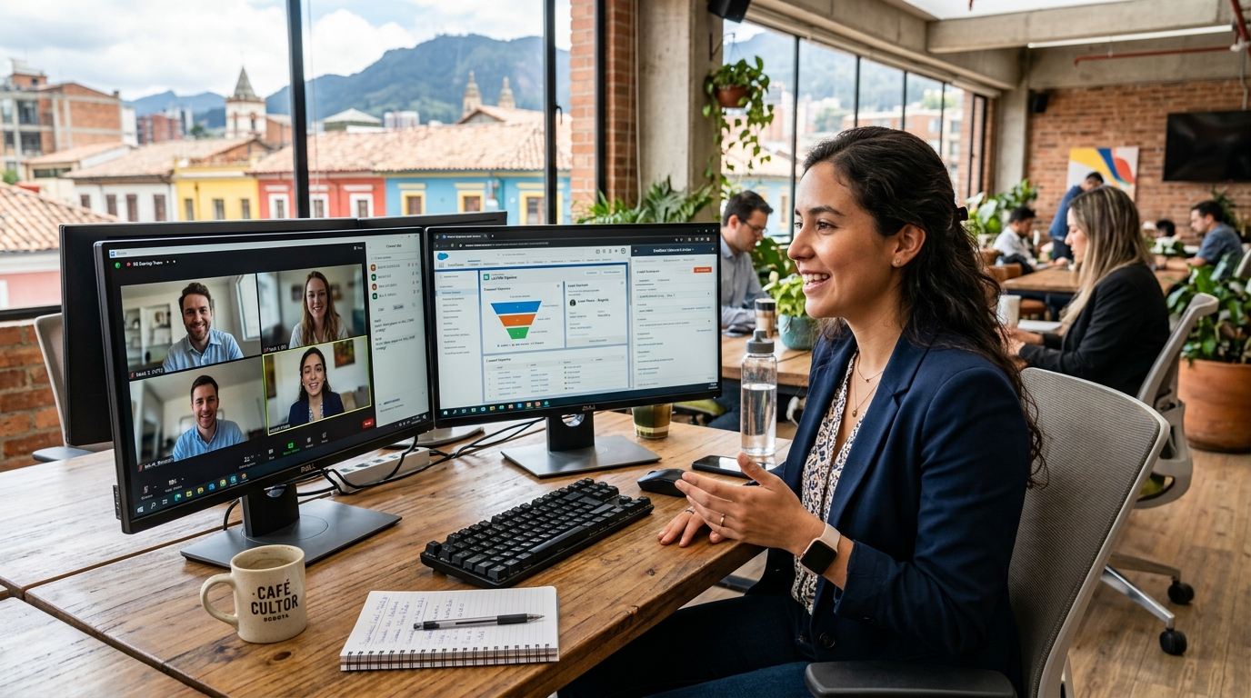 Nearshore outsourced SDR in Bogota on a video call with a US startup sales team, dual monitors showing CRM pipeline