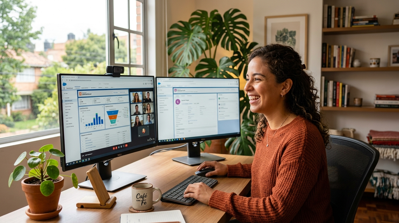 Latin American nearshore virtual assistant on video call with startup team, managing remote team staffing solutions from a bright home office