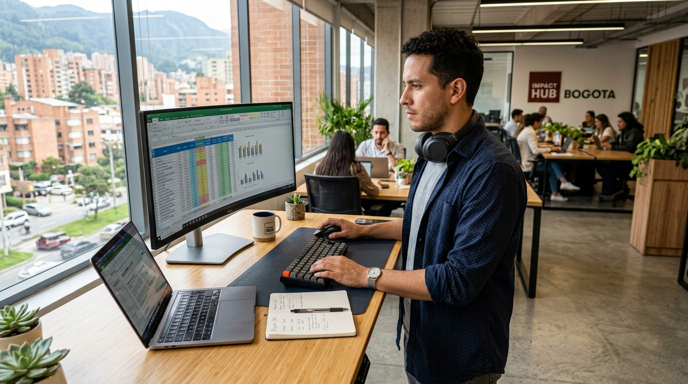 Nearshore virtual assistant in Latin America reviewing startup operations data — remote team staffing solution in action