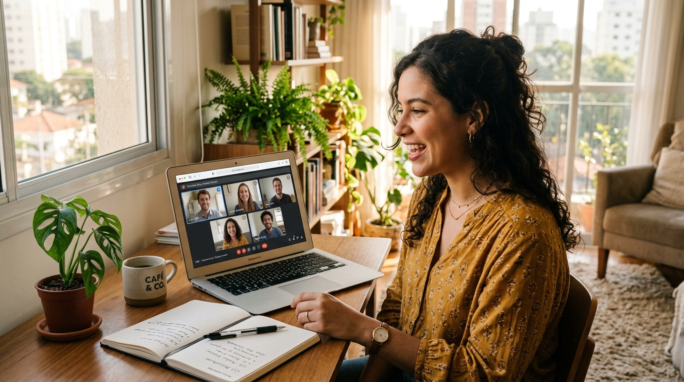 Nearshore virtual assistant in Colombia video-calling with US startup founders — remote team staffing in action