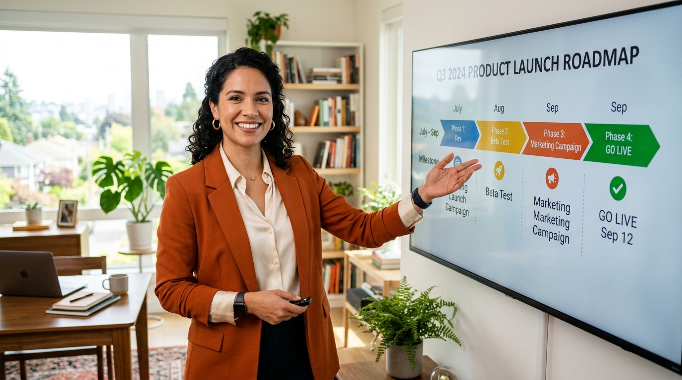 Latin American product marketing manager reviewing a product launch roadmap on a large monitor in a modern home office