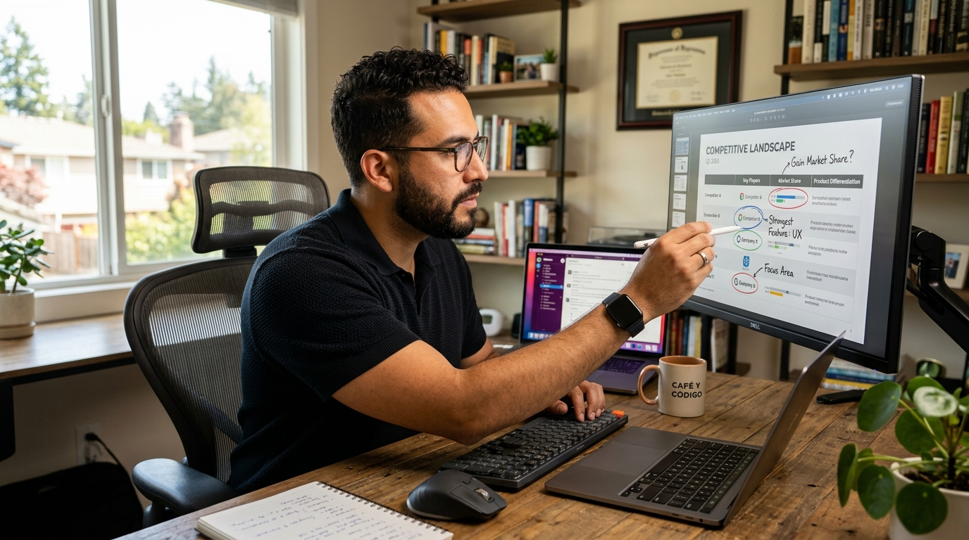 Latin American product marketing manager annotating a competitive landscape slide on a monitor, focused in a modern home office
