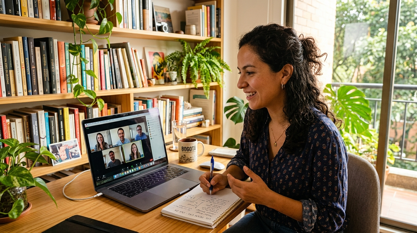 Nearshore Latin American product marketing manager on a video call with a US-based team, laptop open, engaged in strategic discussion