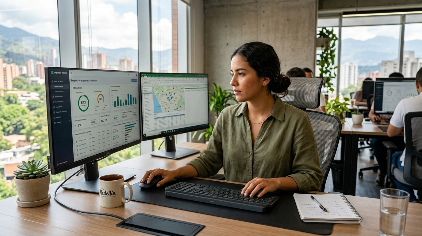 Nearshore virtual assistant in Latin America working on U.S. business staffing tasks at a modern dual-monitor desk