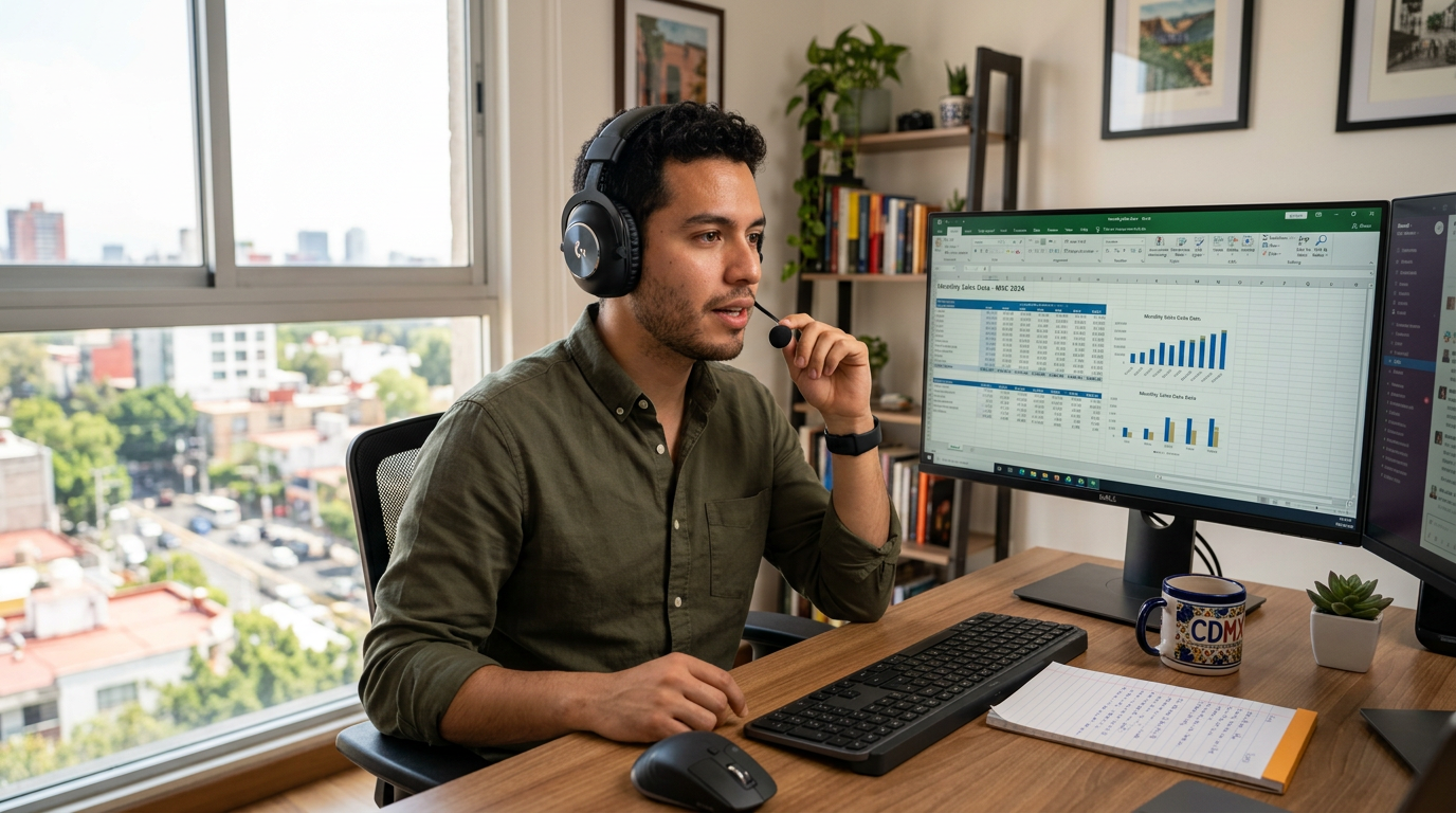 Nearshore virtual assistant in Mexico City handling U.S. business operations via headset during standard business hours