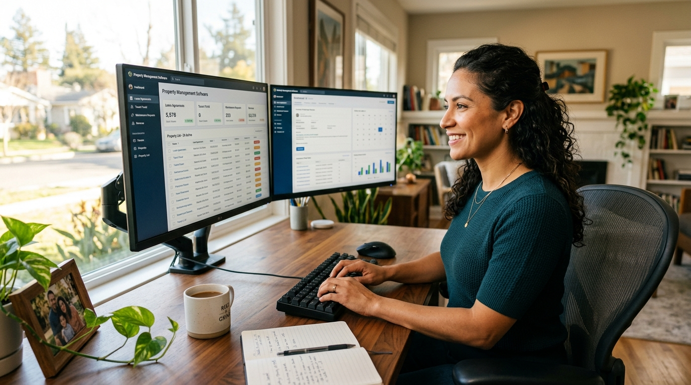 Latin American nearshore virtual assistant managing property listings on dual monitors during US business hours, fast ramp-up staffing setup