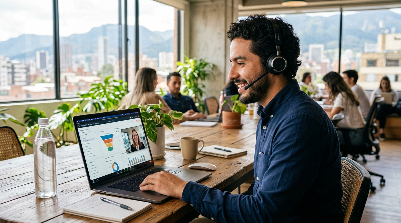 Nearshore virtual assistant in Bogota on a live video call with a US business client, fast ramp-up staffing model