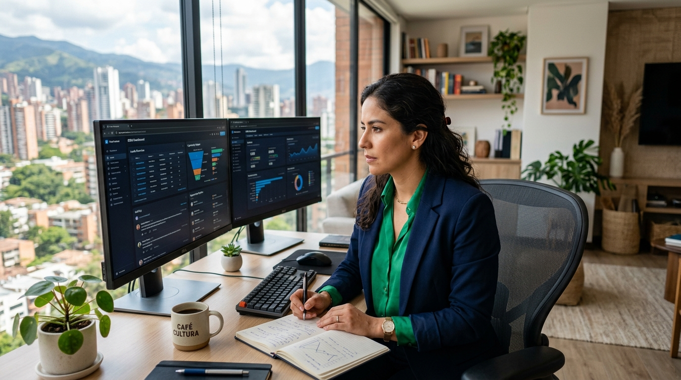 Latin American nearshore virtual assistant working US business hours in 2026, dual monitors displaying property management software