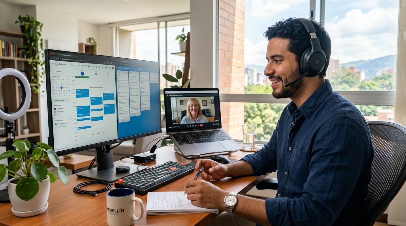 Nearshore virtual assistant from Latin America on a live video call with a US business client, 2026 remote work setup