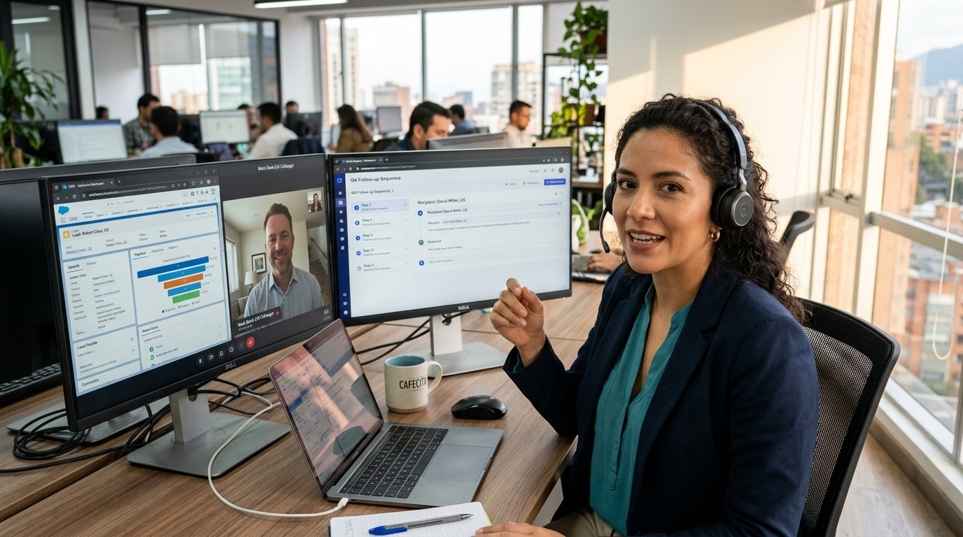 Nearshore SDR on a video sync with a US-based AE, reviewing CRM pipeline to fix outsourced SDR program performance