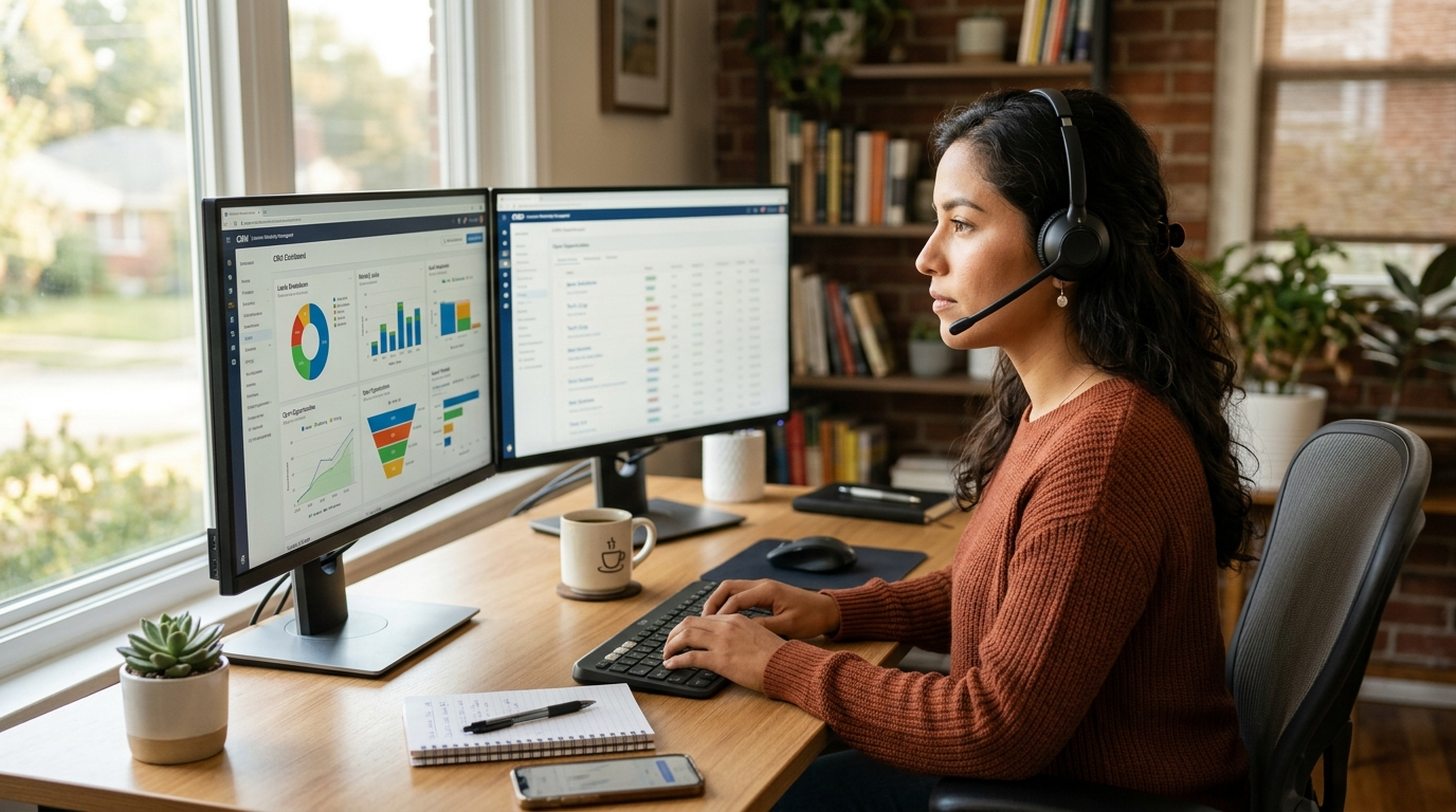 Latin American nearshore virtual assistant working full-time US business hours at a modern home office desk with dual monitors