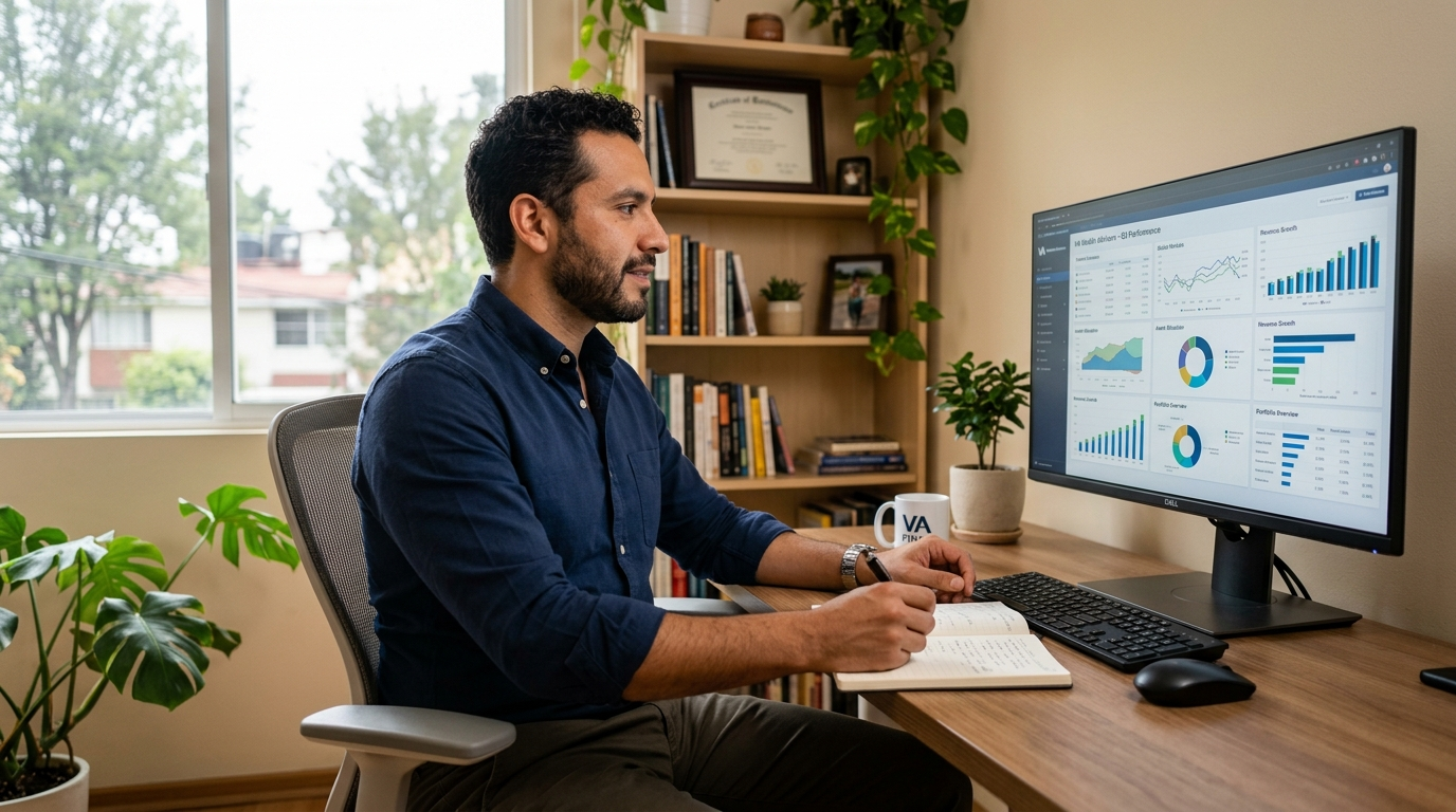 Nearshore virtual assistant reviewing financial data on monitor, demonstrating real-time US business hours collaboration