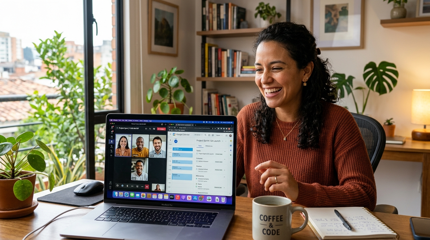 Nearshore virtual assistant on live video call with US business team, demonstrating real-time timezone-aligned collaboration