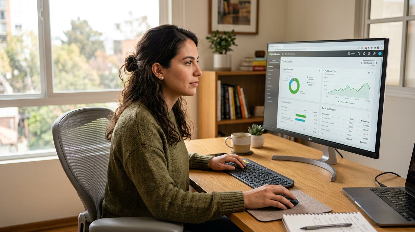 Latin American virtual bookkeeper reviewing QuickBooks dashboard — outsource bookkeeping instead of hiring in-house in 2026