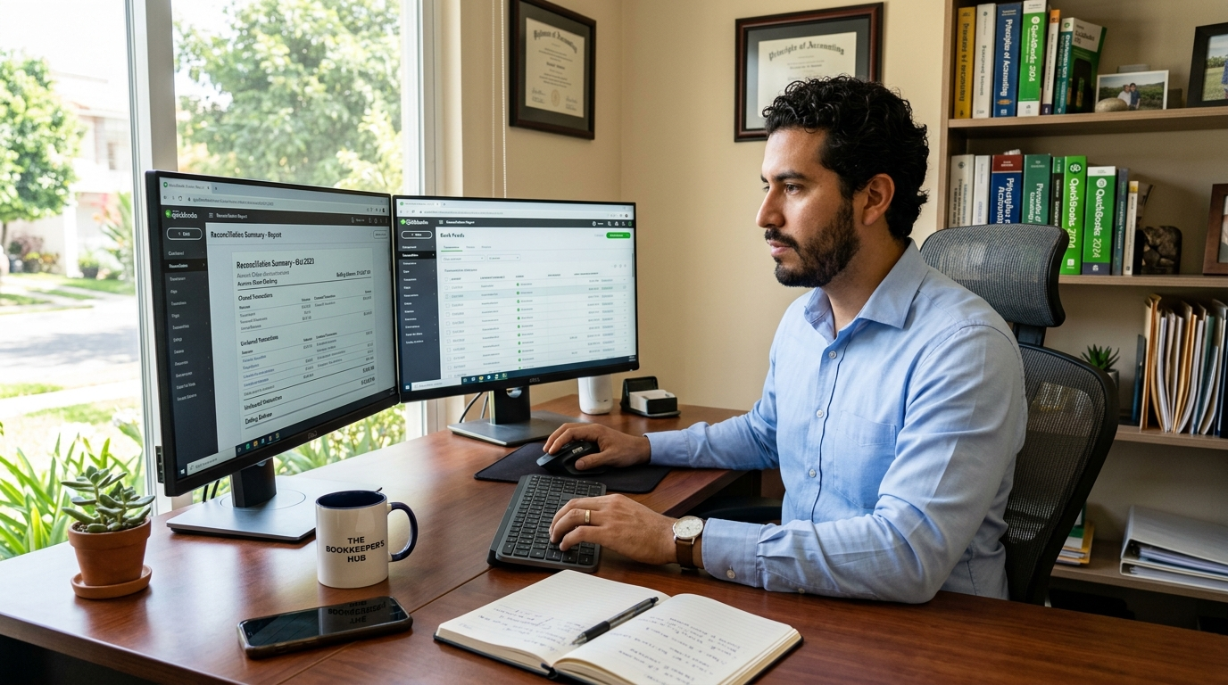 Nearshore virtual bookkeeper reconciling accounts in QuickBooks — why outsource bookkeeping instead of hiring in-house