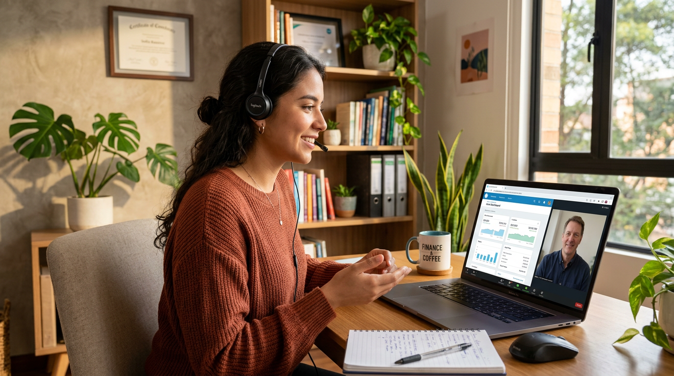 Nearshore bookkeeper on video call reviewing Xero financials with US small business owner in 2026