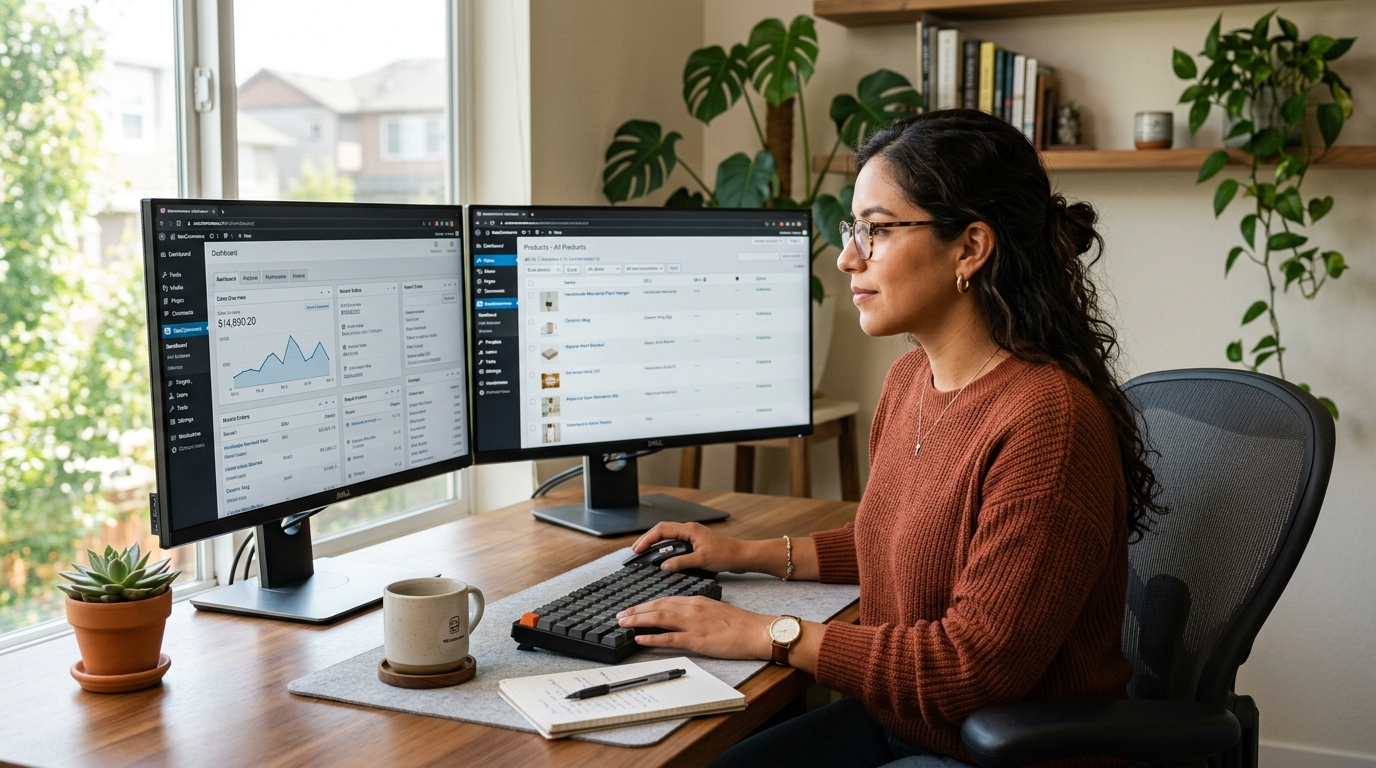 Nearshore WooCommerce virtual assistant managing product listings and order dashboard on dual monitors in a Latin American home office