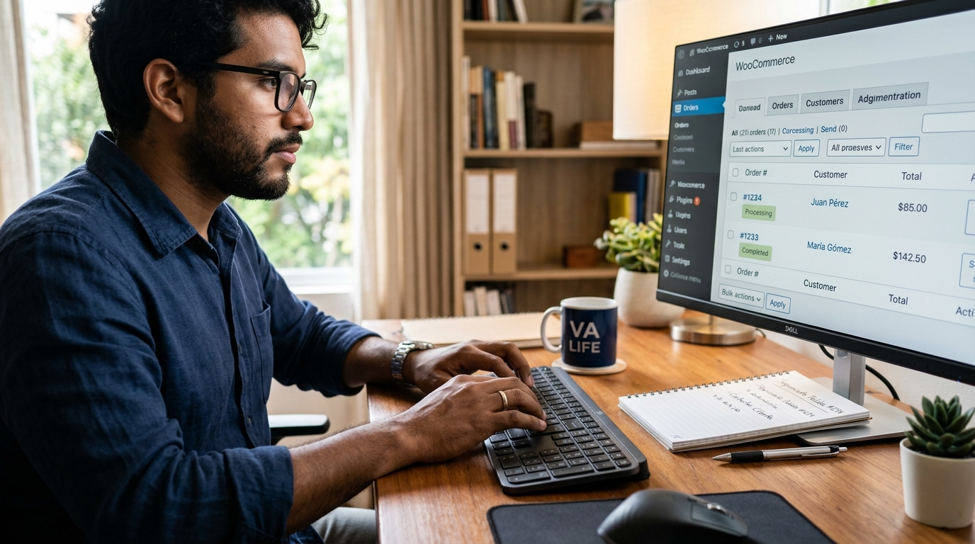 WooCommerce virtual assistant reviewing open orders and inventory inside WooCommerce dashboard, nearshore Latin America