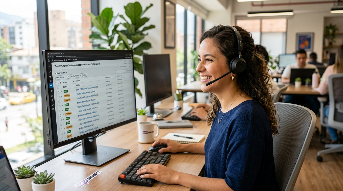 WooCommerce virtual assistant handling customer support tickets in real time, nearshore Latin America, WooCommerce dashboard visible