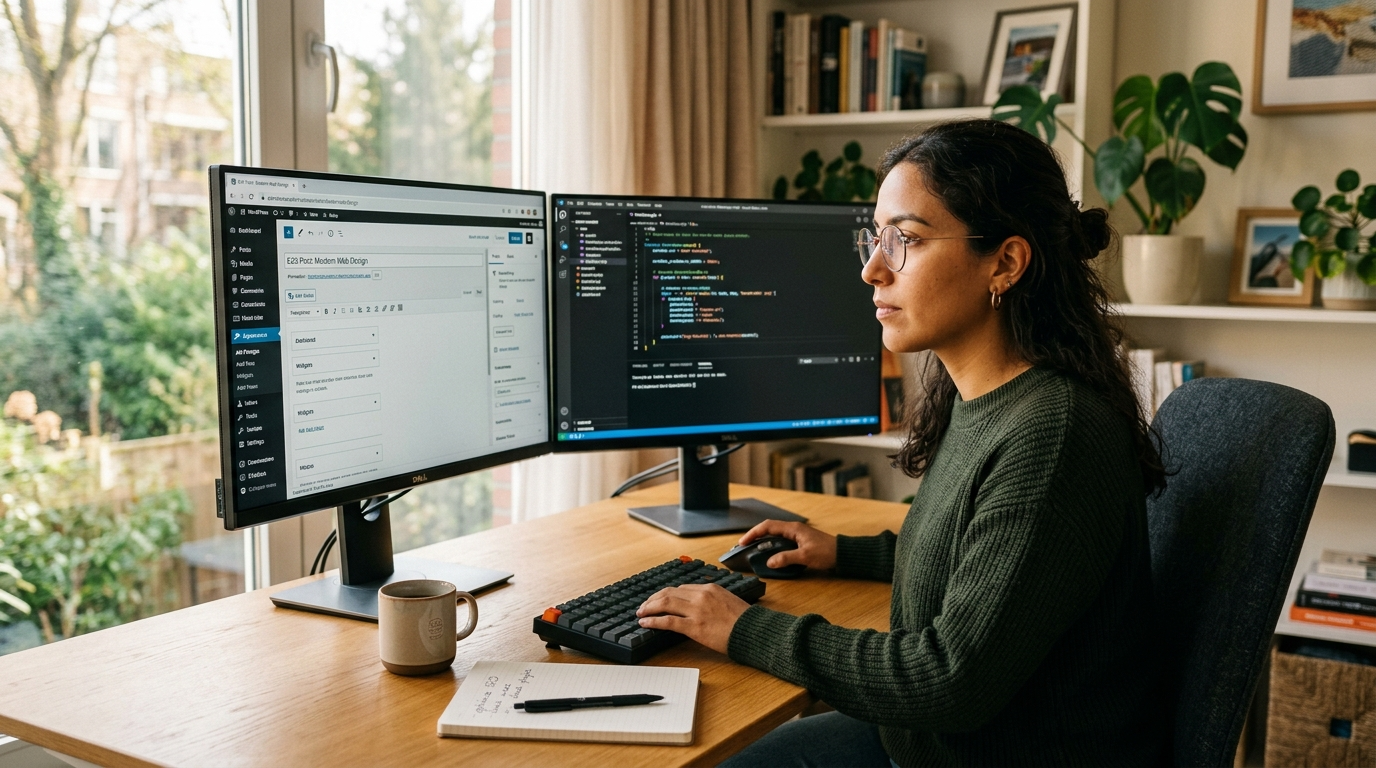 WordPress developer virtual assistant working on a site build at a nearshore Latin America home office, dual monitors visible