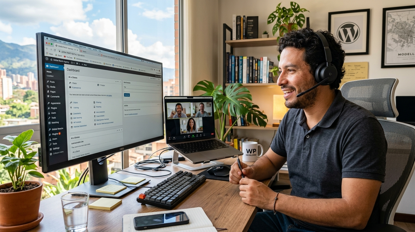 Nearshore WordPress developer virtual assistant on a video call with a US client team, WordPress admin dashboard visible on monitor