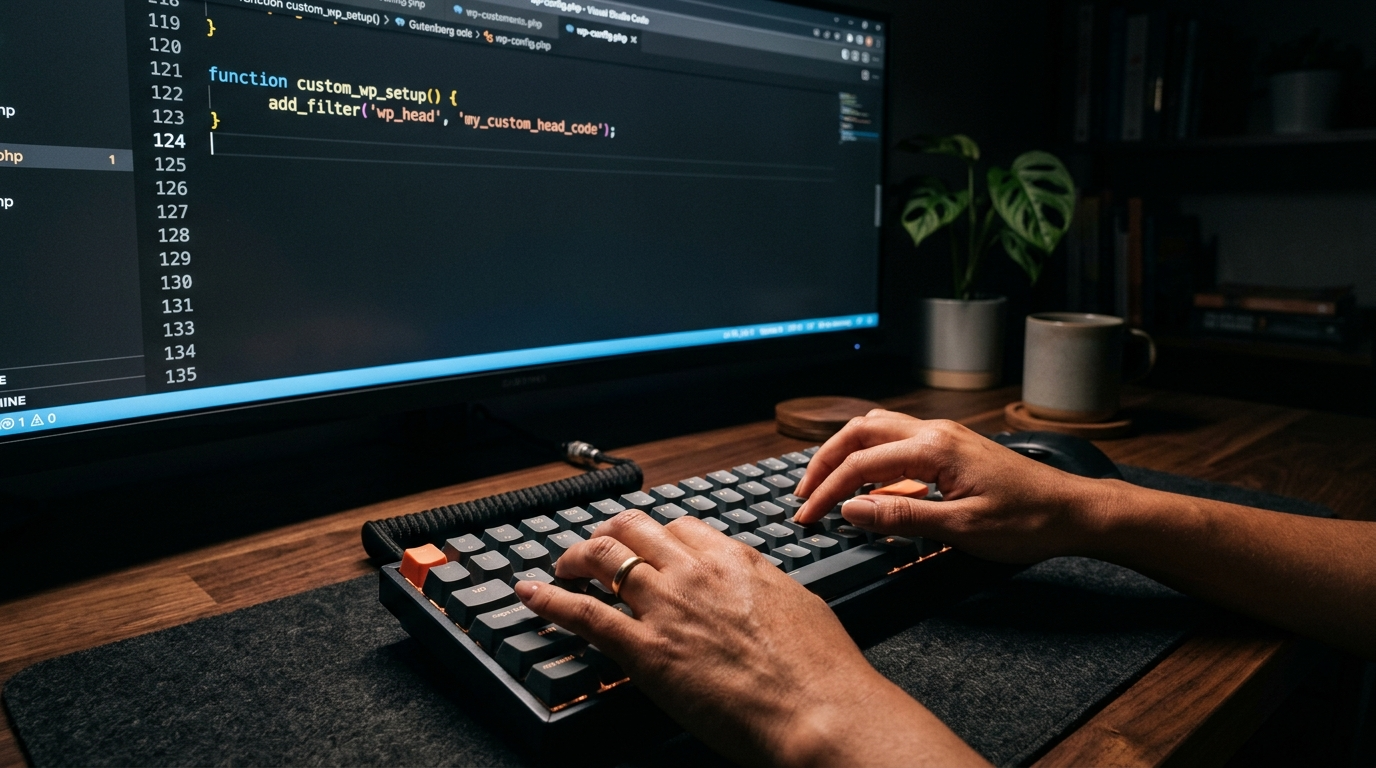 Nearshore WordPress developer VA writing custom PHP theme code on an ultrawide monitor in a Latin American home office