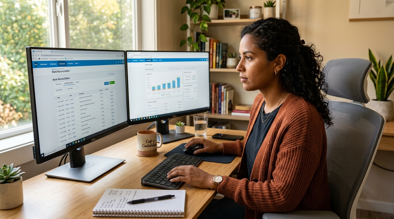 Xero virtual bookkeeper from Latin America reviewing bank reconciliation on a Xero dashboard during US business hours