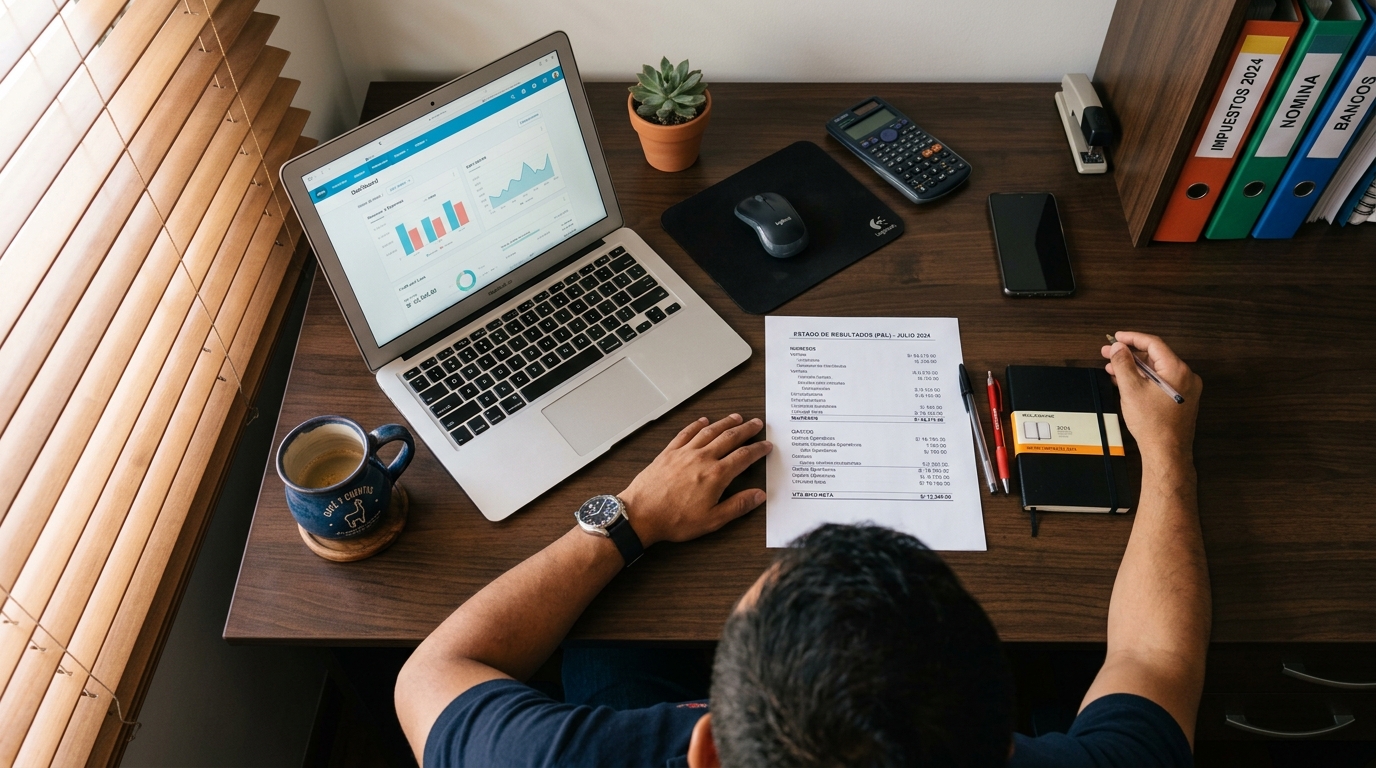 Xero virtual bookkeeper reviewing a monthly P&L statement generated from Xero bookkeeping software at a tidy Latin American home office