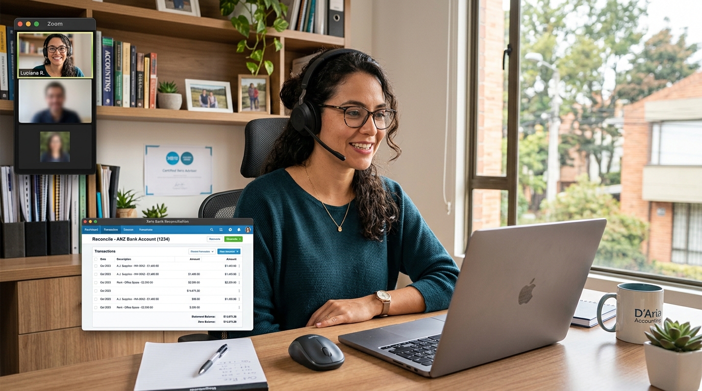 Nearshore Xero virtual bookkeeper on a video onboarding call with a US small business owner, Xero bookkeeping software visible on screen
