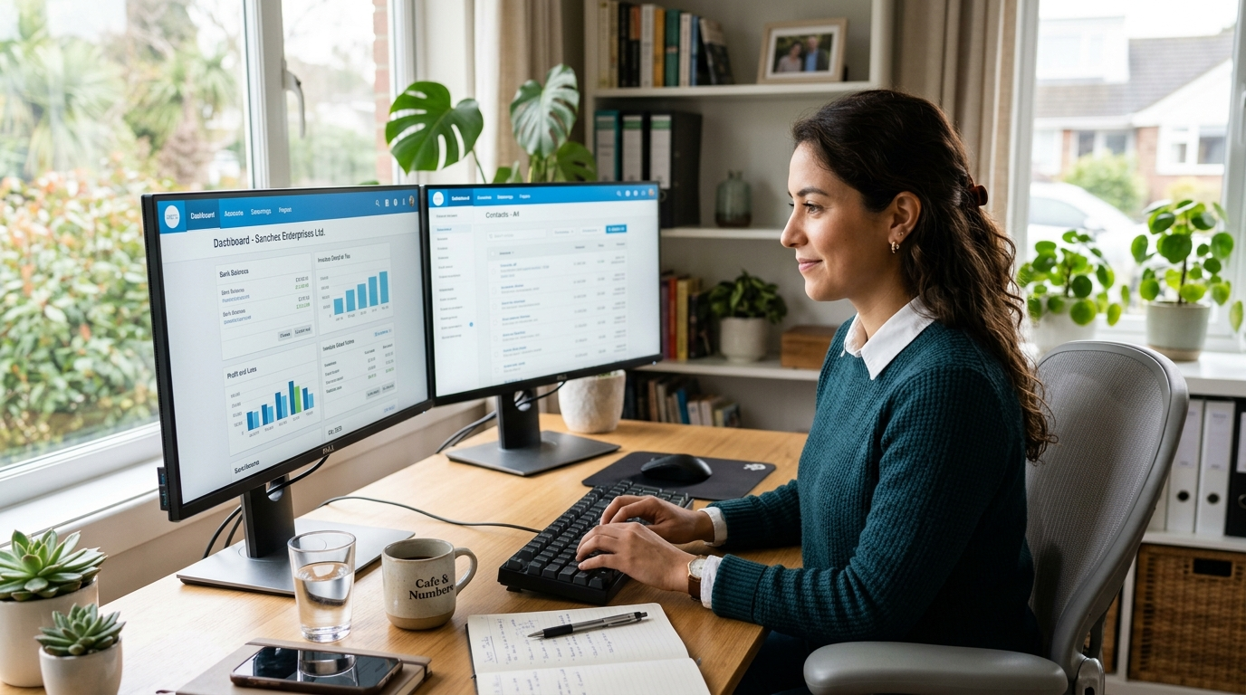 Nearshore Xero virtual bookkeeper reviewing reconciliation reports on dual monitors in a Latin American home office