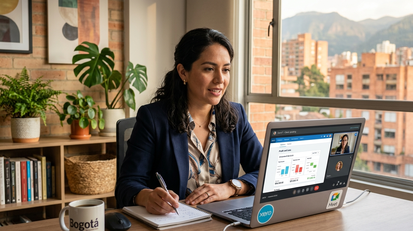 Nearshore Xero virtual bookkeeper presenting monthly financial report on video call with US business client