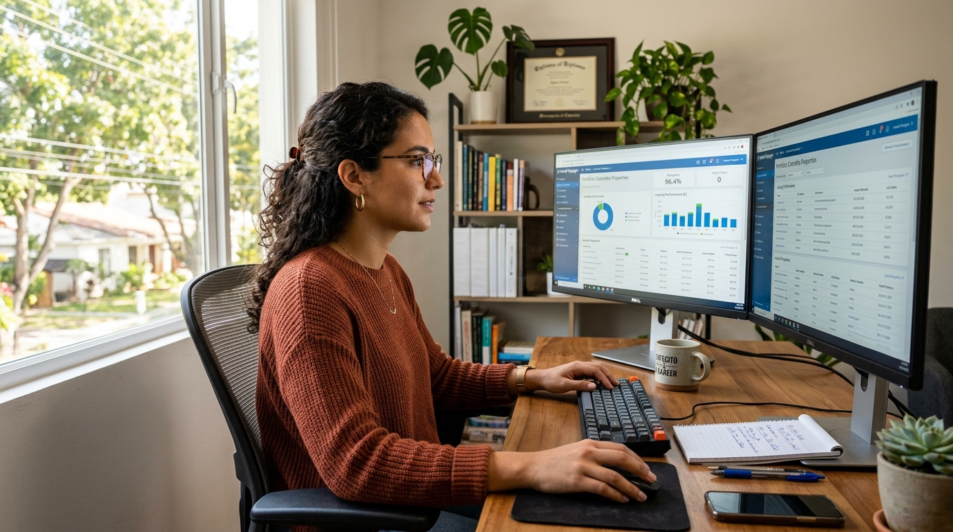 Nearshore Yardi virtual assistant reviewing property management dashboard on dual monitors in a bright Latin American home office