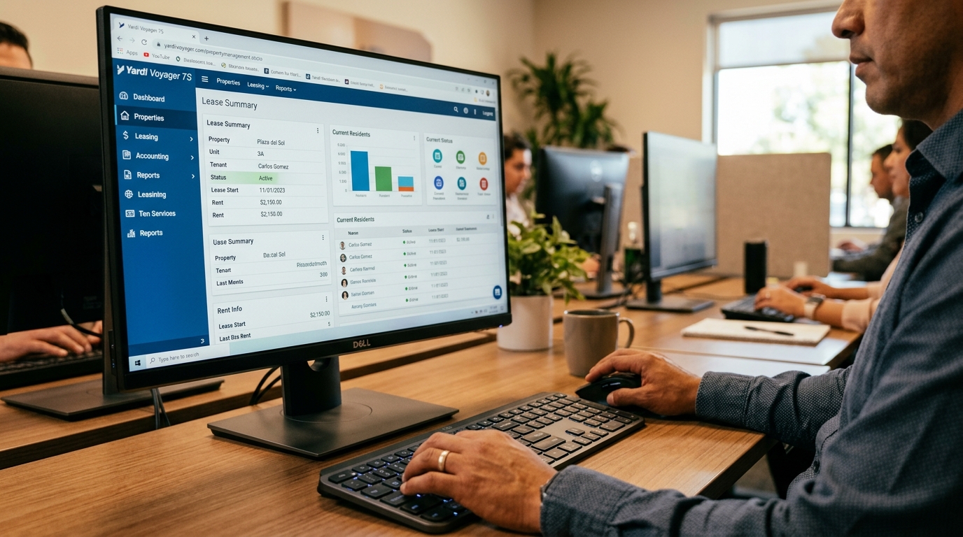 Yardi Voyager property management dashboard on screen with a nearshore virtual assistant working in background