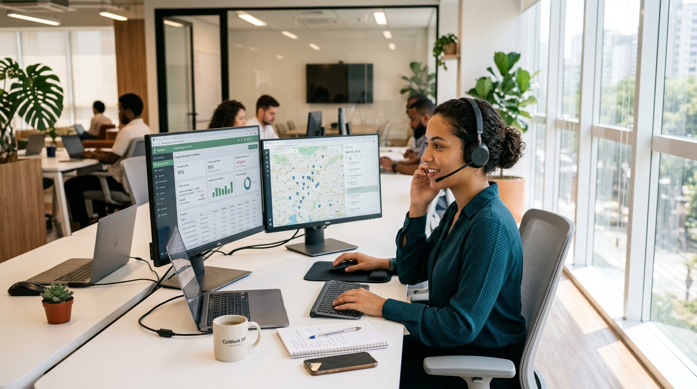 Nearshore Yardi virtual assistant on headset managing tenant communications in a modern Latin American workspace