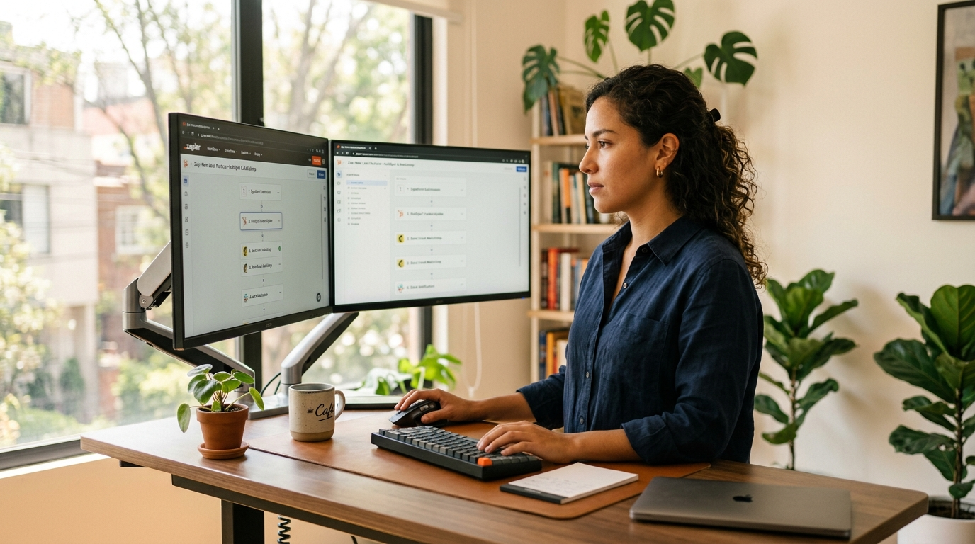 Nearshore Zapier automation virtual assistant building workflow on dual monitors in a Latin American home office