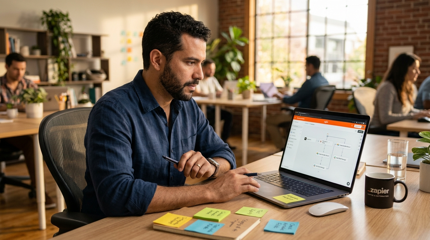 Nearshore Zapier automation virtual assistant reviewing workflow diagram on laptop in professional office setting