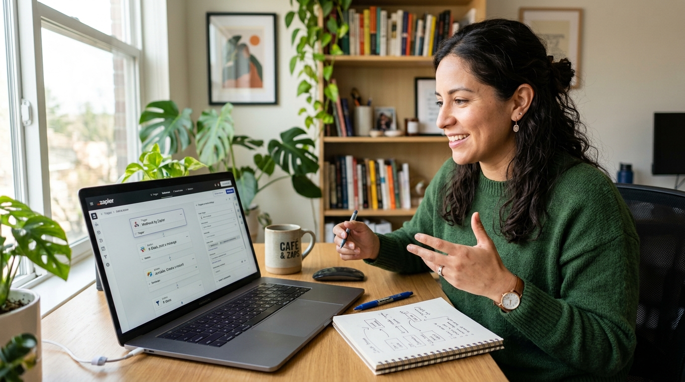 Nearshore Zapier automation VA on video call reviewing workflow requirements with US-based client, Zapier dashboard visible